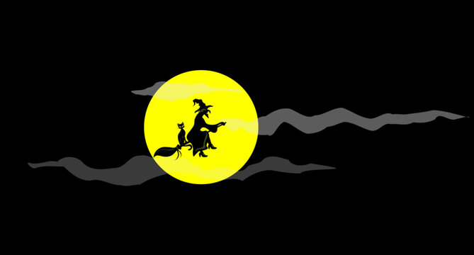 Halloween. Witch on a broomstick with a cat flies against the backdrop of the moon