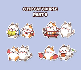 Set of cute kawaii couple little cat for social media sticker emoji traveling shopping selfie no money emoticon