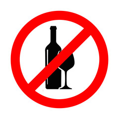 No drinking alcohol or wine with red banned sign and wineglass and bottle flat vector icon