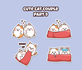 Set of cute kawaii couple little cat for social media sticker emoji sleep sick and wake up emoticon