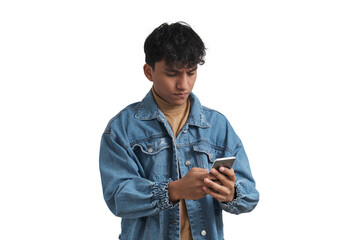Young peruvian man using smartphone. Isolated over white background.