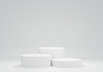 Three white podium line up from low to high. for product advertisement or product presentation. 3D rendering
