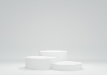 Three podium arranged in ranking ladder white background. Product display stand or product presentation. 3D rendering