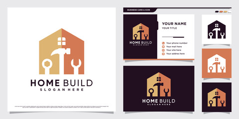 Home repair logo design with hammer and wrench element. House logo and business card template