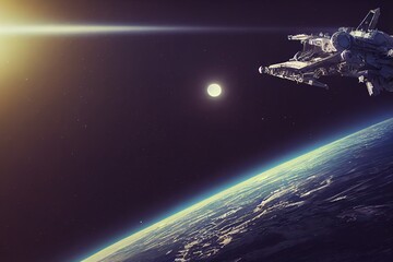 Obraz na płótnie Canvas Huge asteroid in space approaching planet with sunrise, 3d render, Raster illustration.