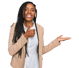 African american woman wearing business jacket showing palm hand and doing ok gesture with thumbs up, smiling happy and cheerful