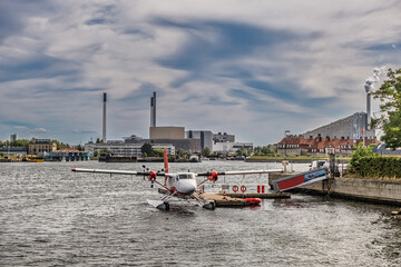 Seaplane at a jetty in Copenhagen harbor, Denmark