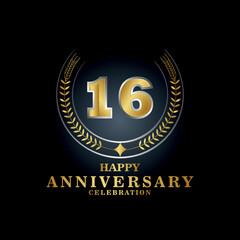 Template emblem 16th years old luxurious anniversary with a frame in the form of laurel branches and the number 16 . 16 years anniversary royal logo. Vector illustration Design
