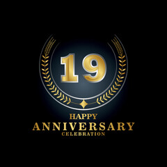 Fototapeta na wymiar Template emblem 19th years old luxurious anniversary with a frame in the form of laurel branches and the number 19 .19 years anniversary royal logo. Vector illustration Design 