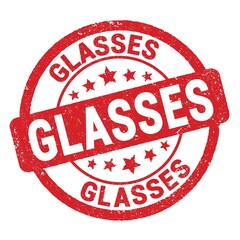 GLASSES text written on red round stamp sign.