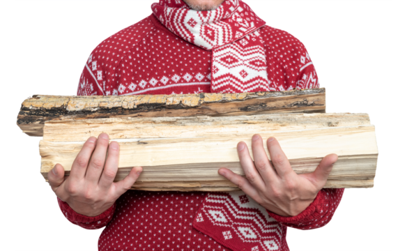 Man in a red sweater and scarf holds firewood for the stove in his hands, front view without a face, isolated on a transparent background - Powered by Adobe