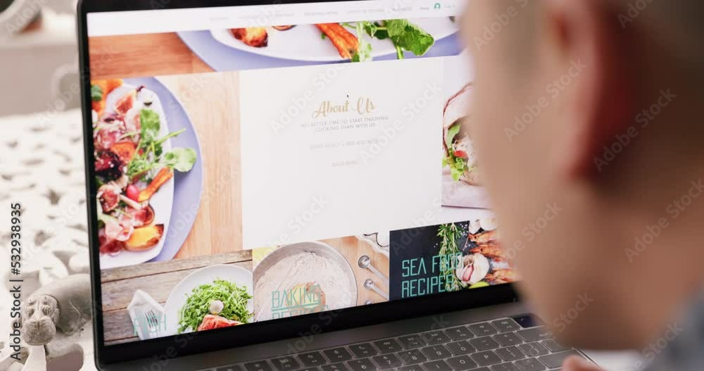 Aufkleber Restaurant, web design and computer food website of a man scroll through about us website work. IT, ux and webdesign worker with technology to check digital marketing and ui internet screen display