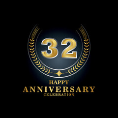 Fototapeta premium Template emblem 32nd years old luxurious anniversary with a frame in the form of laurel branches and the number 32 . 32 years anniversary royal logo. Vector illustration Design 