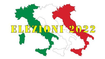 Italy, graphic illustration with three silhouettes of Italy and the colors of the flag, green white red. In the center the words "elections 2022" on a neutral background.	