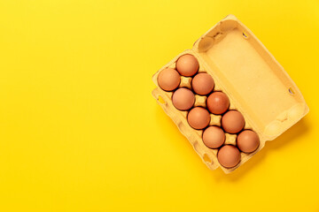 Ten chicken eggs in cardboard package isolated on yellow background. Top view, copy space. Big size XL. Concept of business card grocery store. Fresh eco farm product. Healthy organic food. Banner - Powered by Adobe