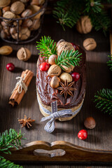 Gingerbread cake for Christmas baked on wooden tray