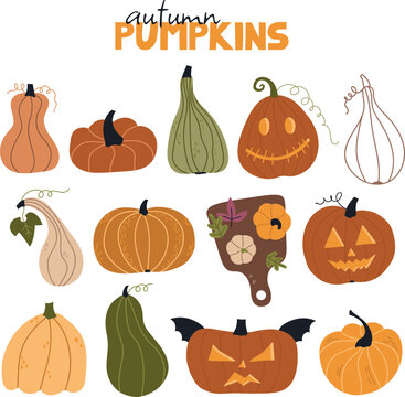 Set of stickers with autumn pumpkins. Vector warm and cozy hygge collection of autumn stickers and illustrations in cartoon style.