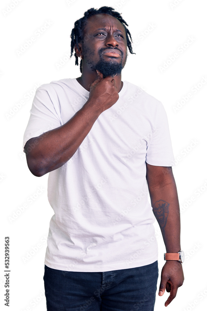 Sticker young african american man with braids wearing casual white tshirt touching painful neck, sore throa