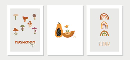 Collection of cute autumn cards with quotes. Vector warm and cozy hygge collection of autumn illustrations in cartoon style.