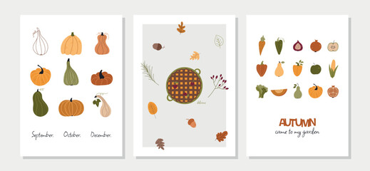 Collection of warm autumn cards with quotes. Vector warm and cozy hygge collection of autumn illustrations in cartoon style.