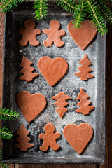 Brown and sweet Christmas gingerbread cookies in baking tray