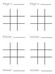 Tic Tac Toe table, kids activity page with player name and winner name
