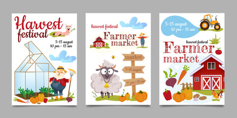 Cartoon festival posters of harvest festival. Farm local market invitation banners or cards with natural vegetables, farm products and farmhouse. Flat happy agricultural farmer gathering crops.