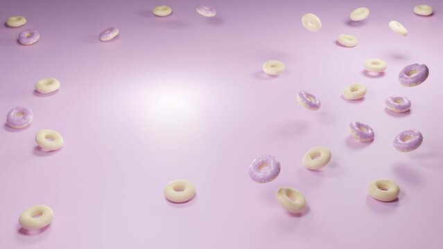 Pink food background with doughnuts, free space