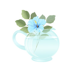 A glass jug with a blue hibiscus flower and leaves. Vector.