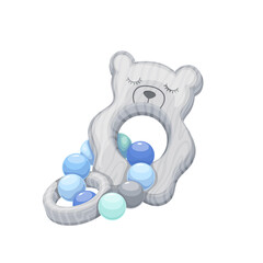 Baby rattle vector illustration. Cartoon isolated cute plastic rattle toy with small noise balls, teddy bear on ring and handle for newborn boy, nursery plaything with funny animal character