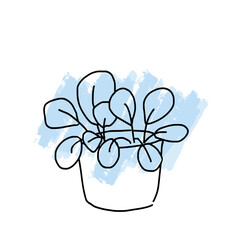 A flower in a pot on the background of a blue paint spot. Doodle potted flowers on a background of paint stains. Vector doodle on the background of a paint spot.