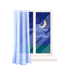 Window with dark blue sky at night vector illustration. Cartoon isolated midnight outside view from window on wall of bedroom, nighttime scene with summer landscape, crescent moon, stars and clouds