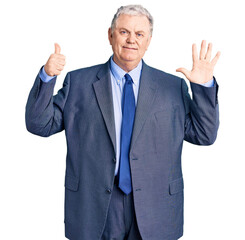 Senior grey-haired man wearing business jacket showing and pointing up with fingers number six while smiling confident and happy.