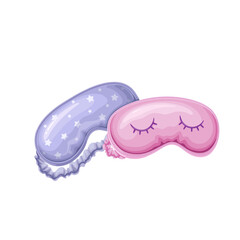 Sleep masks set vector illustration. Cartoon isolated cute pink mask with closed eyes and eyelashes, purple sleepwear with stars pattern and satin cover for relaxation of women at night or travel