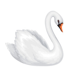 White swan vector illustration. Cartoon isolated beautiful waterfowl bird with fluffy feathers on graceful wings and beak, swan swimming in water, abstract symbol of peace, elegance and purity