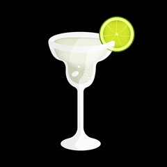 A glass with a margarita cocktail with a slice of lime on black background. Vector illustration with green alcohol cocktail with tequila and citrus.