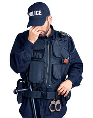 Young handsome man with beard wearing police uniform tired rubbing nose and eyes feeling fatigue...