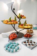 Beautifully served table with fruits and sweets. Festive buffet for guests with a variety of delicacies