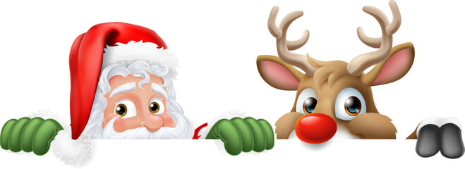 Cartoon Santa Claus or Father Christmas and his reindeer peeking over a sign