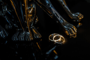 Two golden wedding rings isolated on dark, wedding rings background concept.