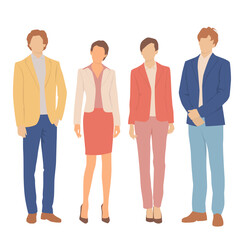  Set of young men and women, different colors, cartoon character, group of silhouettes of standing business people, students, the design concept of flat icon, isolated on white background