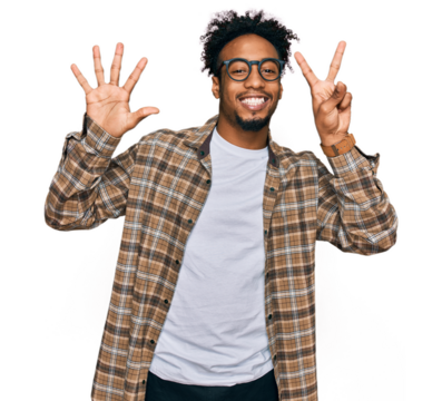 Young african american man with beard wearing casual clothes and glasses showing and pointing up with fingers number seven while smiling confident and happy.
