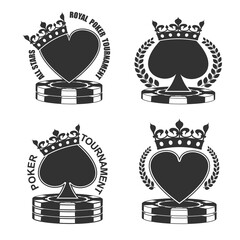 Poker tournament emblem isolated monochrome logo on transparent background. Spades in crown and laurel wreath. Royal hearts on stack of casino chips. PNG graphic casino sign design set
