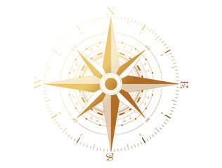 PNG compass wind rose logo picture. Golden color on transparent background. Columbus day or travel design element - 532943153