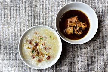 soft food fish porridge and boiled fish with soy sauce is very easy eat for every meal every day.