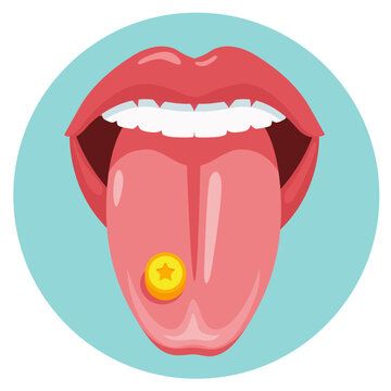 MDMA on tongue with yellow star symbol. Tongue with drug ecstasy pill. Flat vector illustration. 