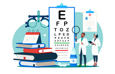 Eye test procedure and prescription glasses. Eye examination, eye drop. Ophthalmologist online doctor eyesight check up. Flat vector illustration.