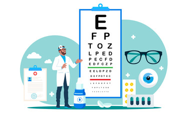 Ophthalmologist doctor eyesight check up. Eye test procedure and prescription glasses. Ophthalmology medical with glasses, eye examination, eye drop. Flat vector illustration.