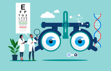 Medical sight checkup, diagnosis and look treatment. Optical lens examination and retina correction scene. Ophthalmology as eye and vision healthcare occupation. - obrazy, fototapety, plakaty