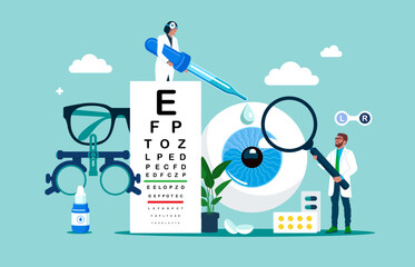 Patient myopia and foresight focus correction treatment with pills drops and glasses. Abstract lens view examination checkup. Flat vector illustration. - obrazy, fototapety, plakaty